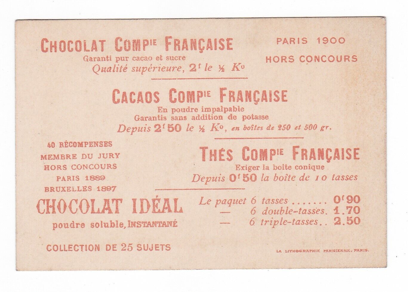 ANCIENNE PUBLICITE CIRCA 1900 ANTIQUE ADVERTISING CHOCOLAT COMPAGNIE FRANCAISE