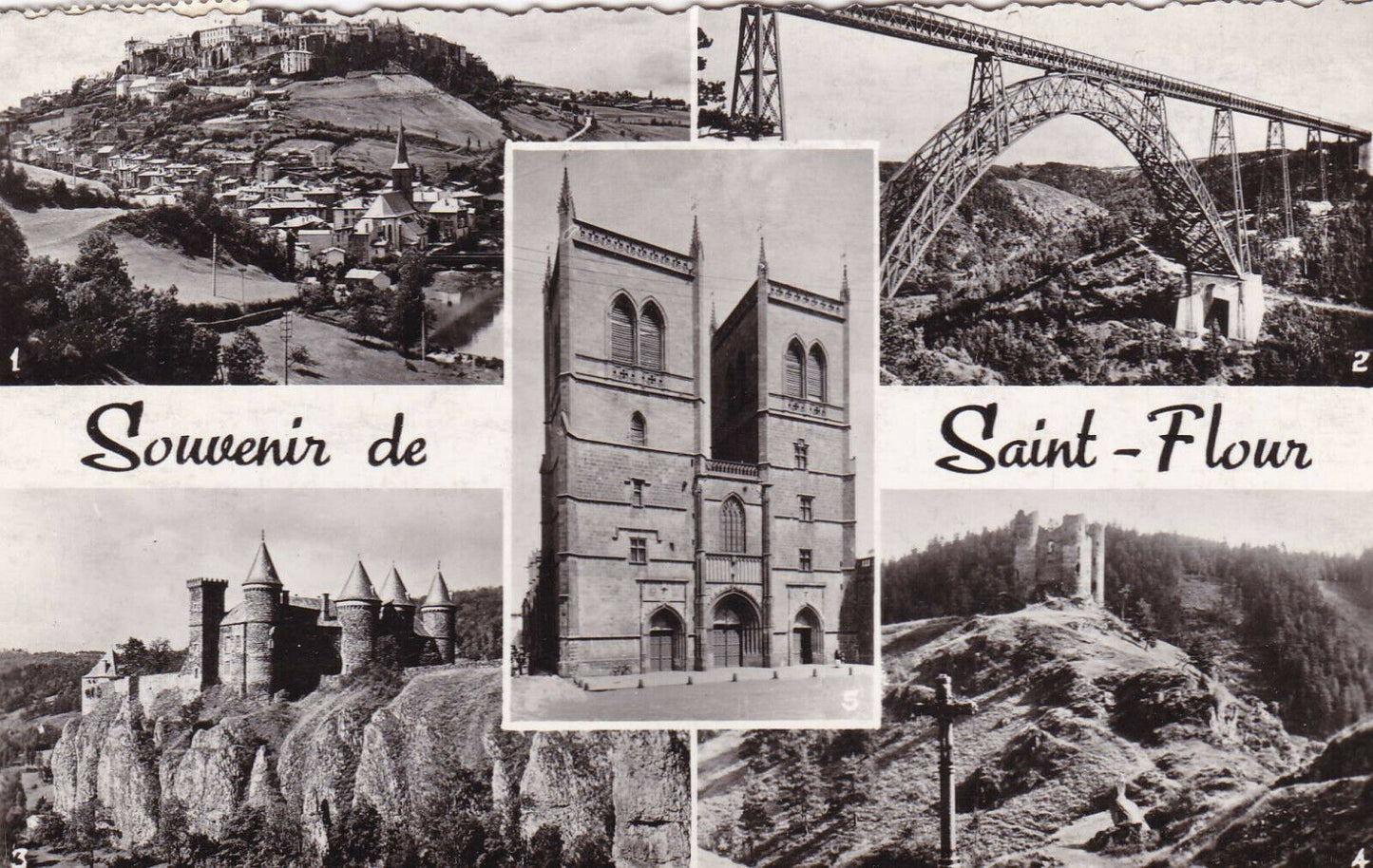 CARTE POSTALE CPSM NOIR & BLANC / SOUVENIR DE SAINT-FLOUR MULTIVUE (1958)