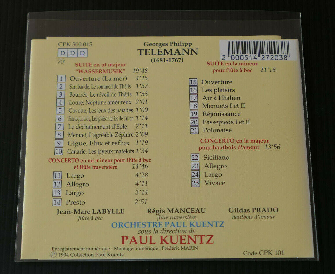 CD TELEMANN WASSERMUSIK / ORCHESTRE DE CHAMBRE PAUL KUENTZ / 1994