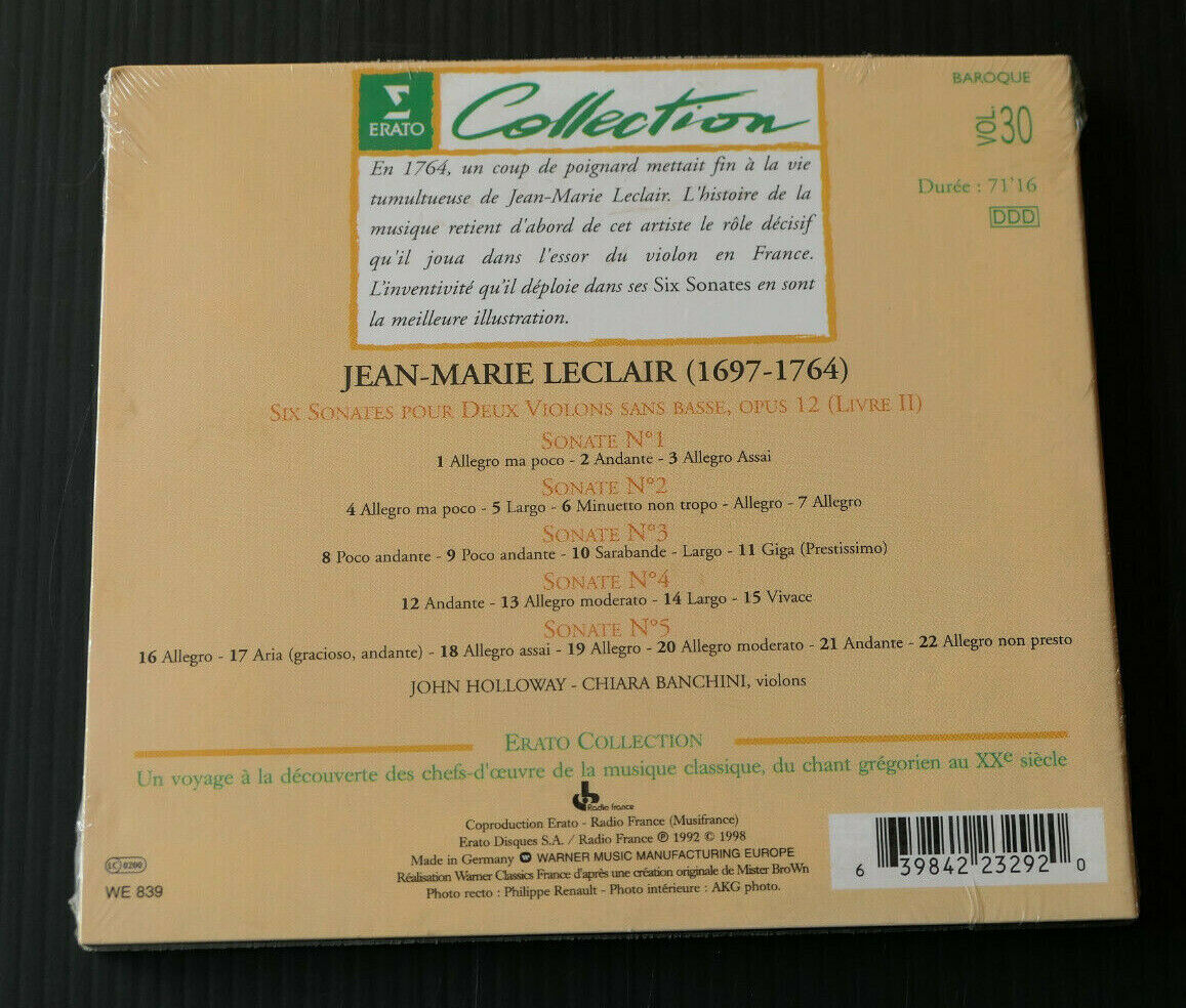CD LECLAIR / SONATES POUR DEUX VIOLONS / HOLLOWAY / BANCHINI / ERATO 1998