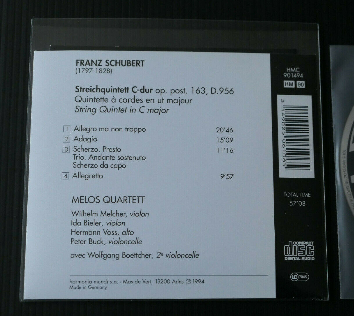 CD SCHUBERT QUINTETT C-DUR / MELOS QUARTETT / WOLFGANG BOETTCHER / 1994