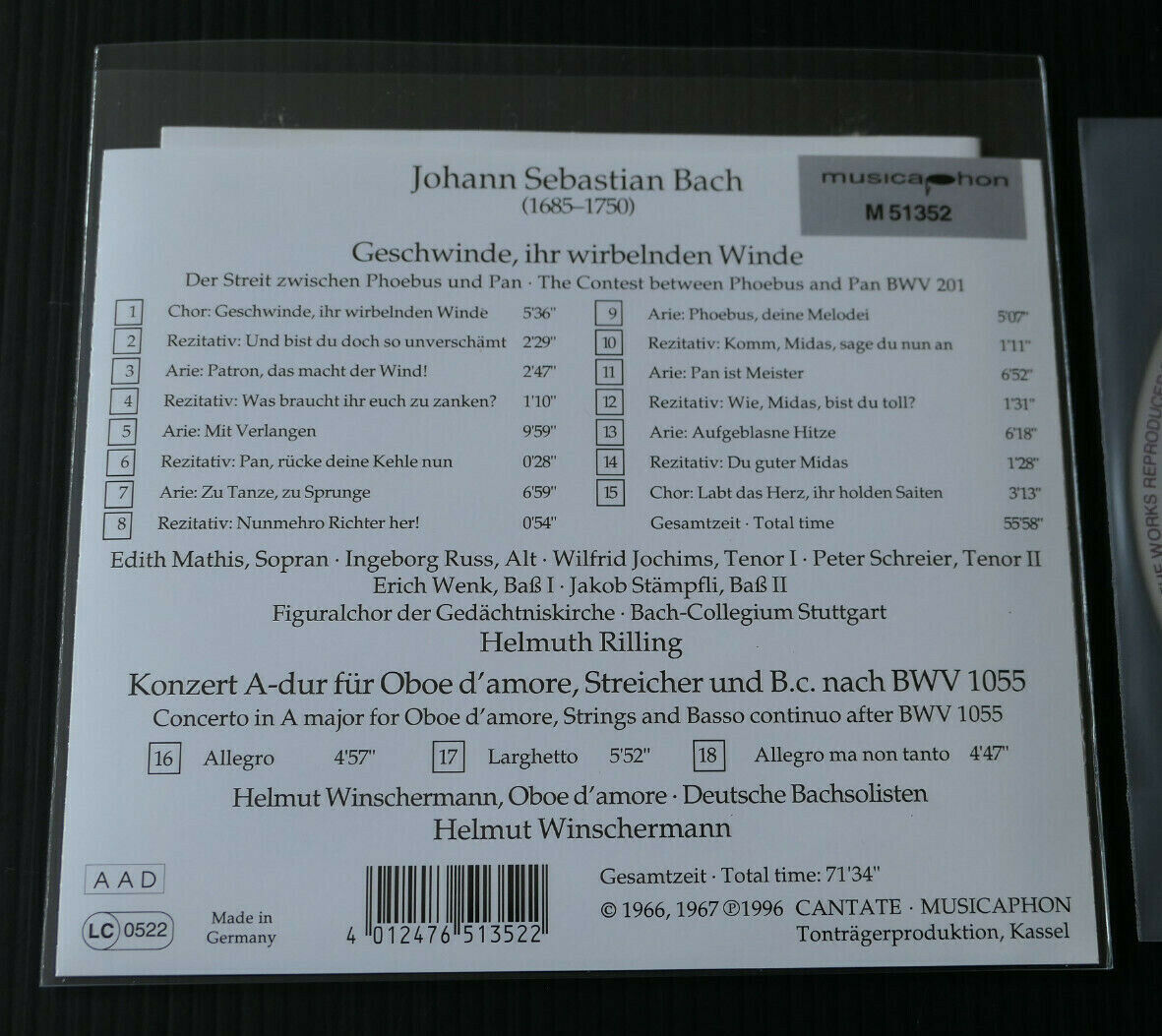 CD BACH KANTATE BWV 201 / HELMUTH RILLING / MUSICAPHON M51352