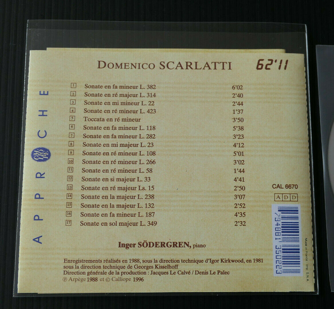 CD DOMENICO SCARLATTI / SEIZE SONATES / PIANO INGER SODERGREN / CALLIOPE 1996