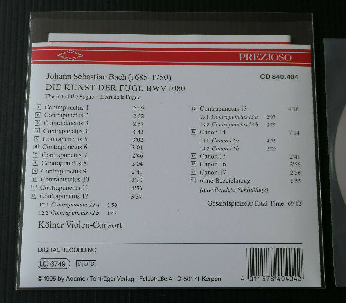 CD BACH / DIE KUNST DER FUGE BWV 1080 / KOLNER VIOLEN-CONSORT / PREZIOSO 1996