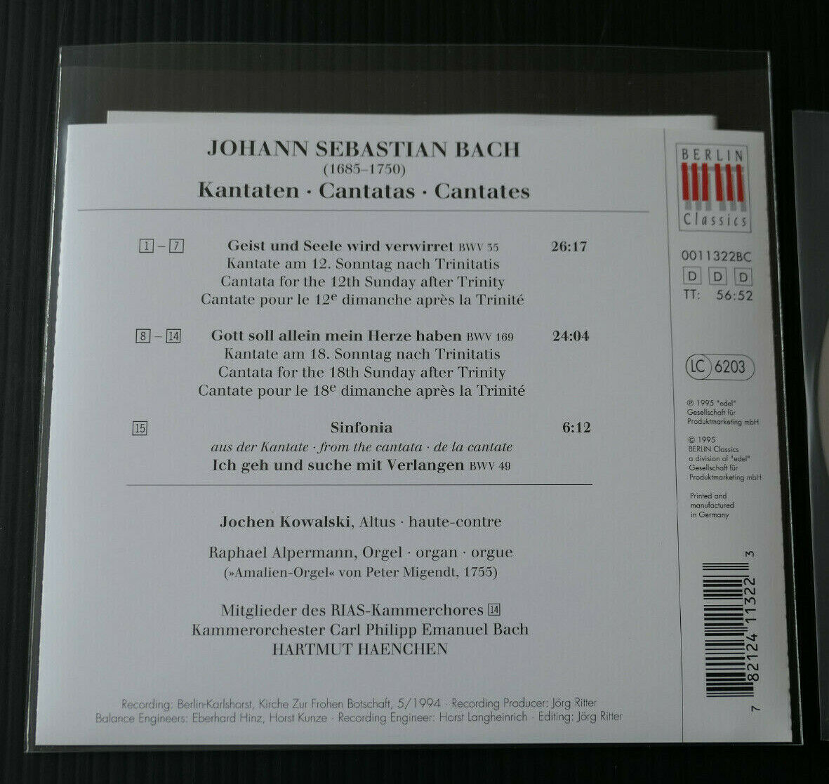 CD BACH KANTATEN BWV 35 169 49 / JOCHEN KOWALSKI HARTMUT HAENCHEN / EDEL 1995