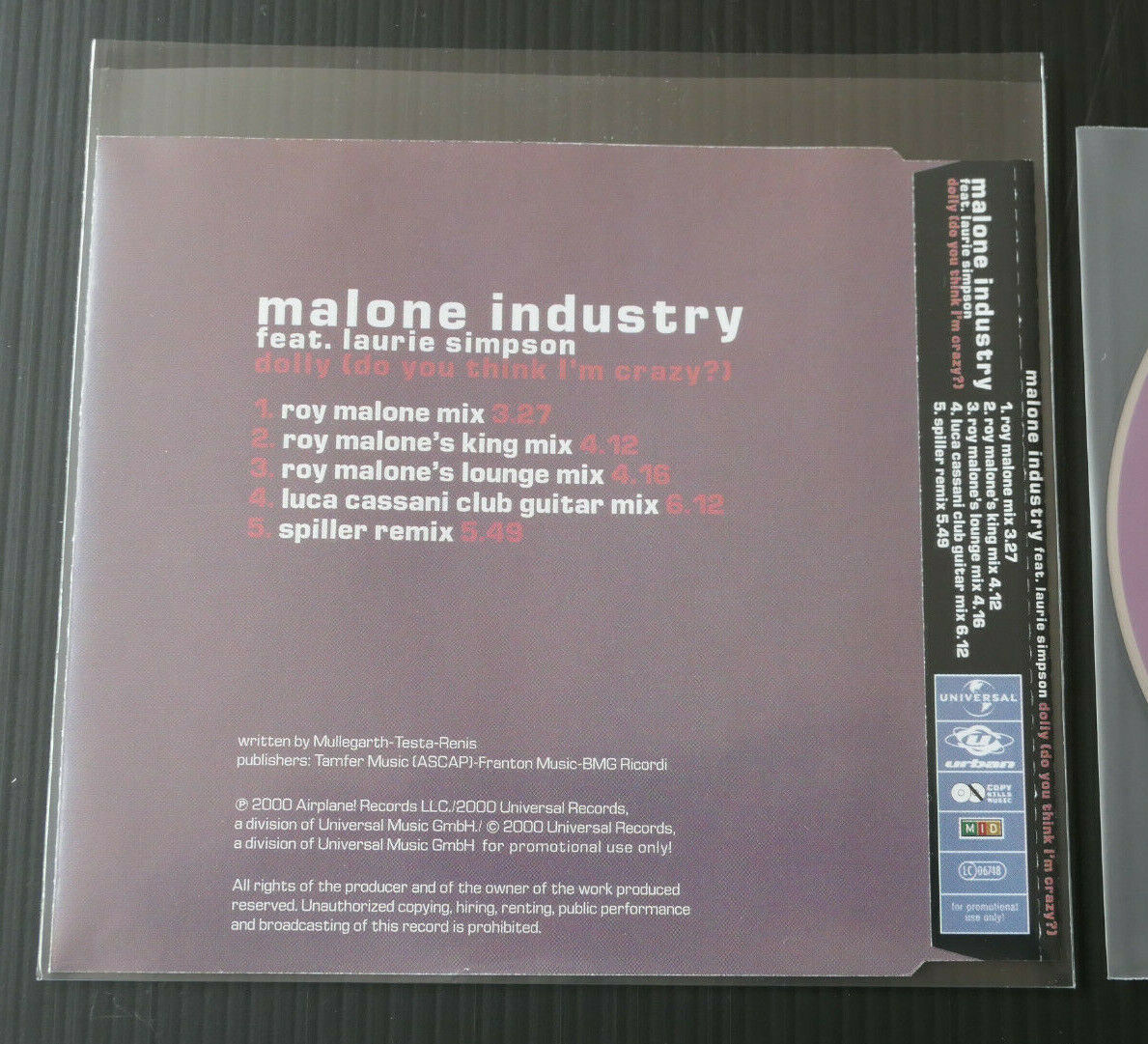 MAXI CD 5 TITRES MALONE INDUSTRY FEAT. LAURIE SIMPSON / DOLLY 2000 PROMO