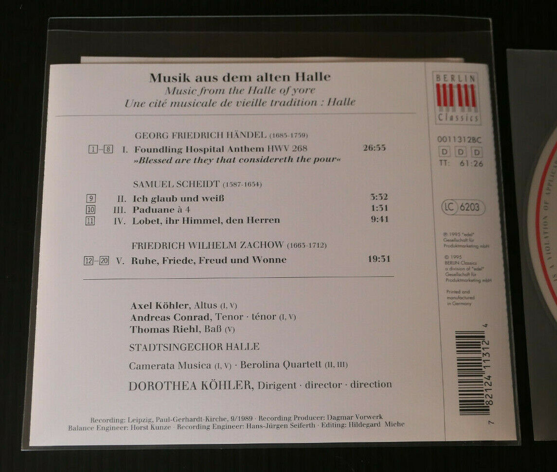 CD HANDEL FOUNDLING HOSPITAL ANTHEM SCHEIDT ZACHOW / DOROTHEA KOHLER / 1995 EDEL