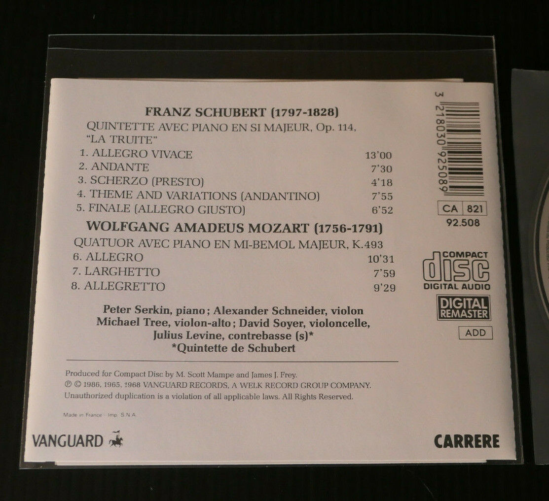 CD SCHUBERT / MOZART / PETER SERKIN ALEXANDER SCHNEIDER MICHAEL TREE DAVID SOYER