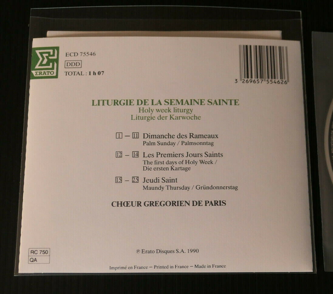 CD LITURGIE DE LA SEMAINE SAINTE / CHOEUR GREGORIEN DE PARIS / ERATO 1990