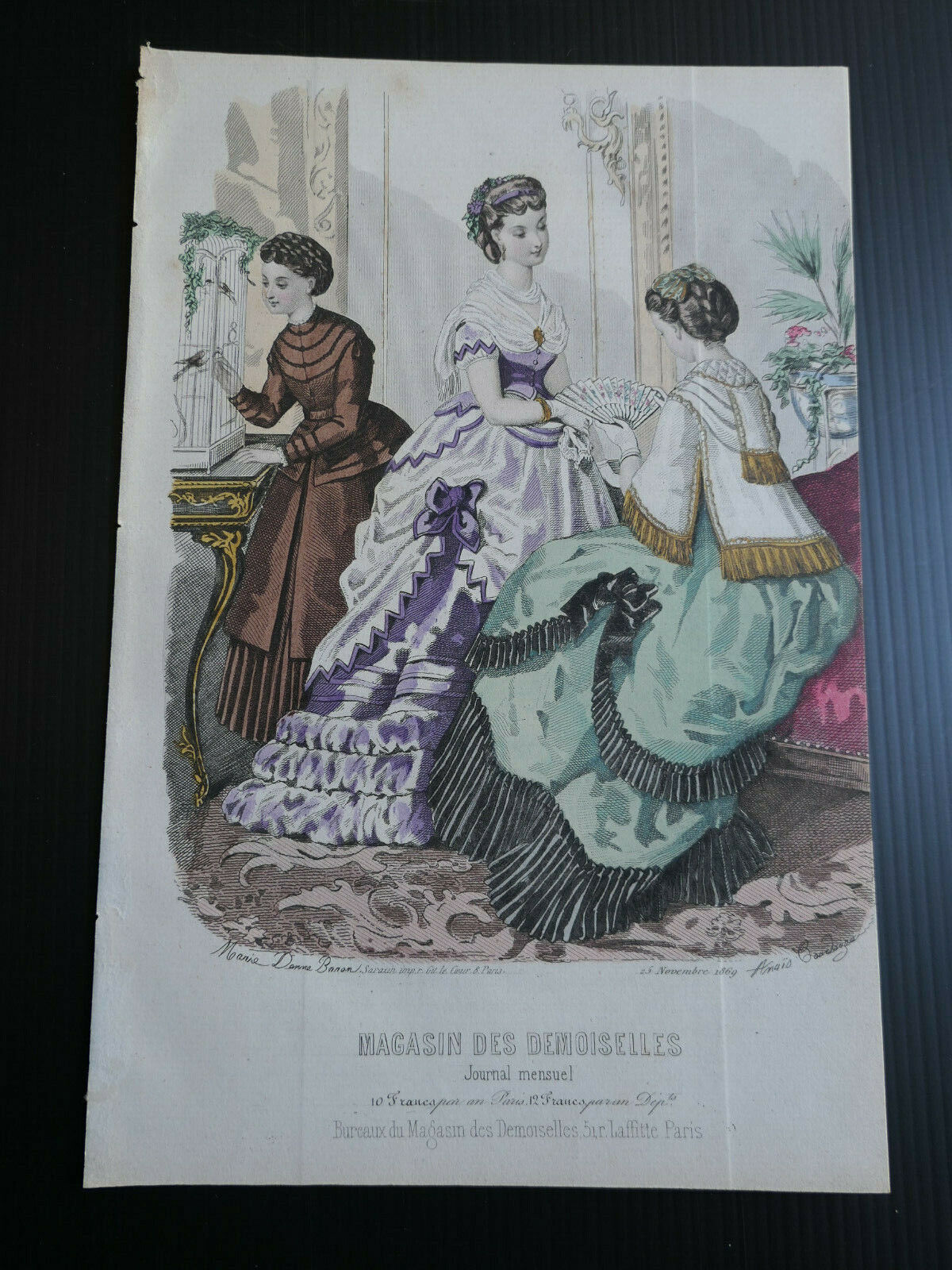 MAGASIN DES DEMOISELLES 1869 FRENCH MODE ENGRAVING HAND COLOURED
