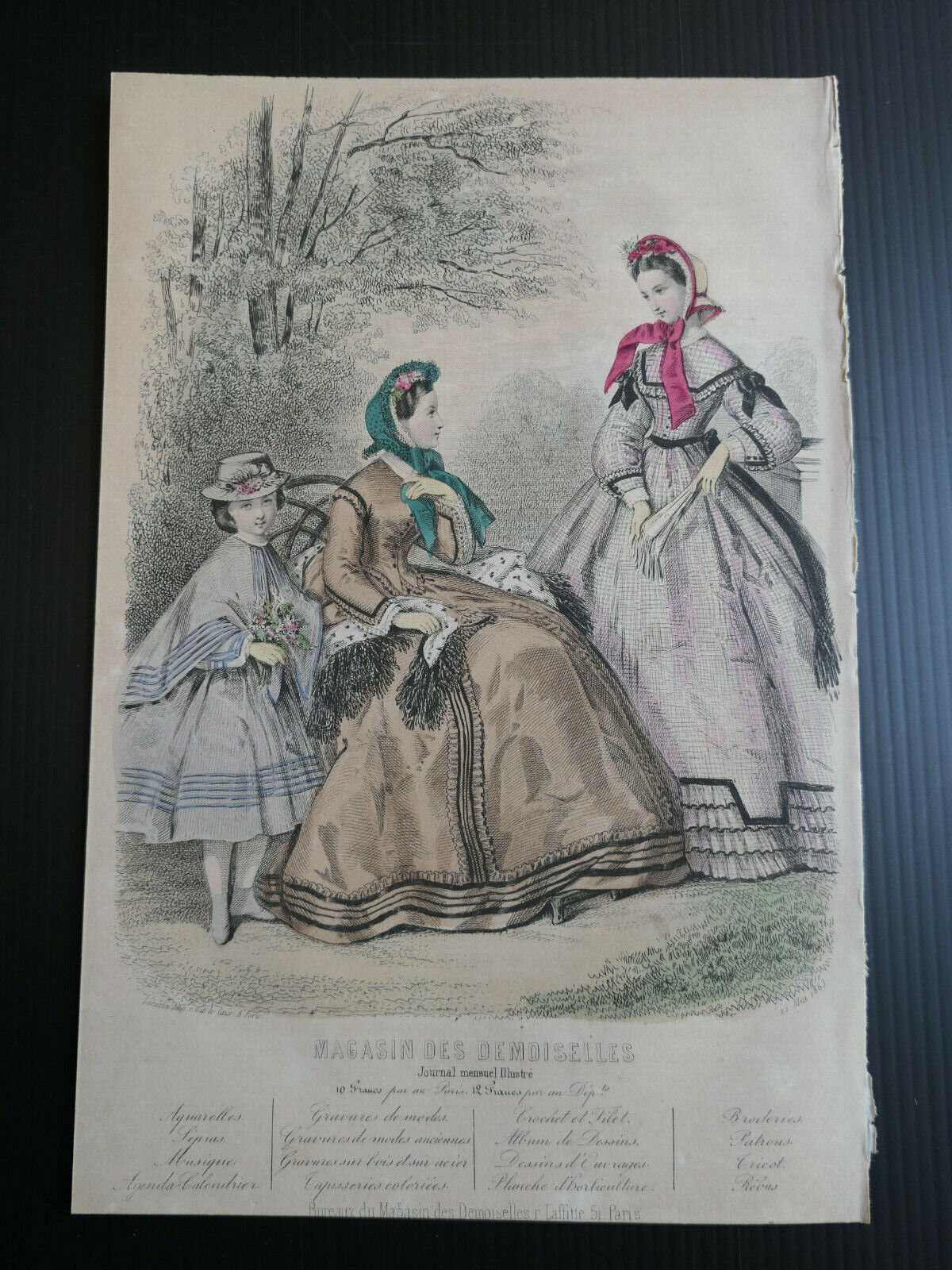 MAGASIN DES DEMOISELLES / 1863 / FRENCH MODE ENGRAVING HAND COLOURED