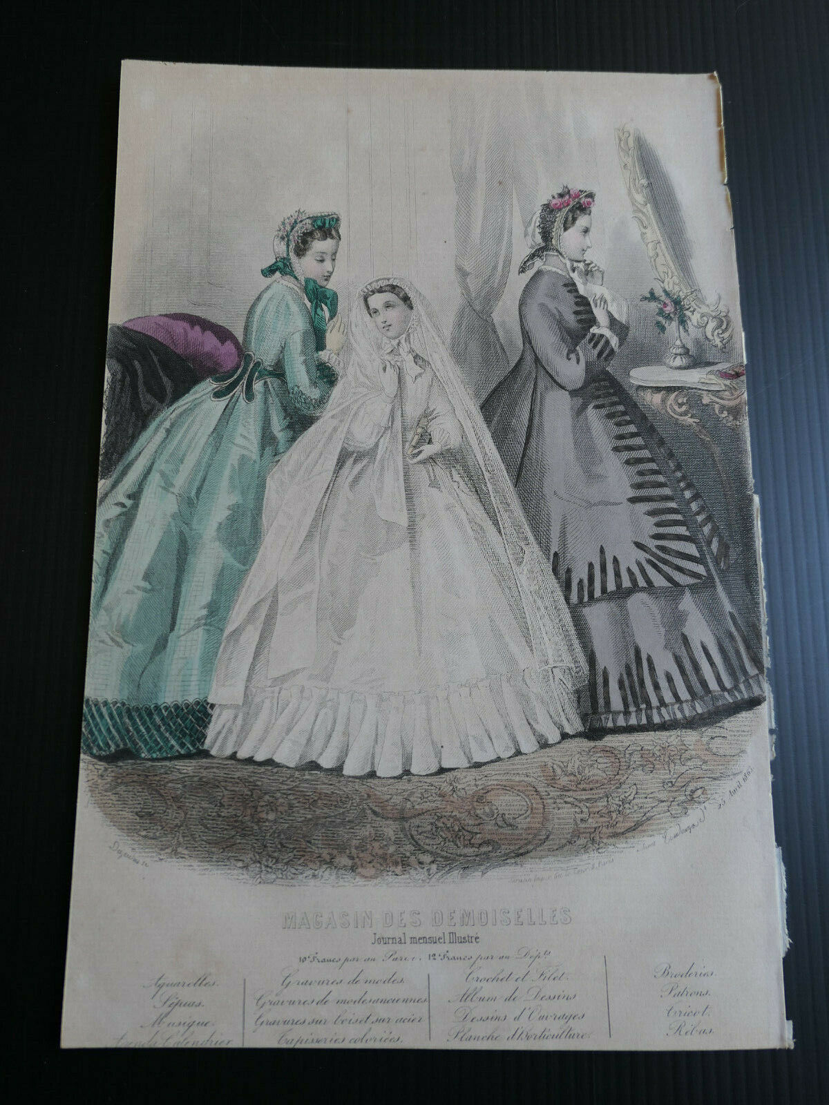 1863 MAGASIN DES DEMOISELLES FRENCH MODE ENGRAVING HAND COLOURED