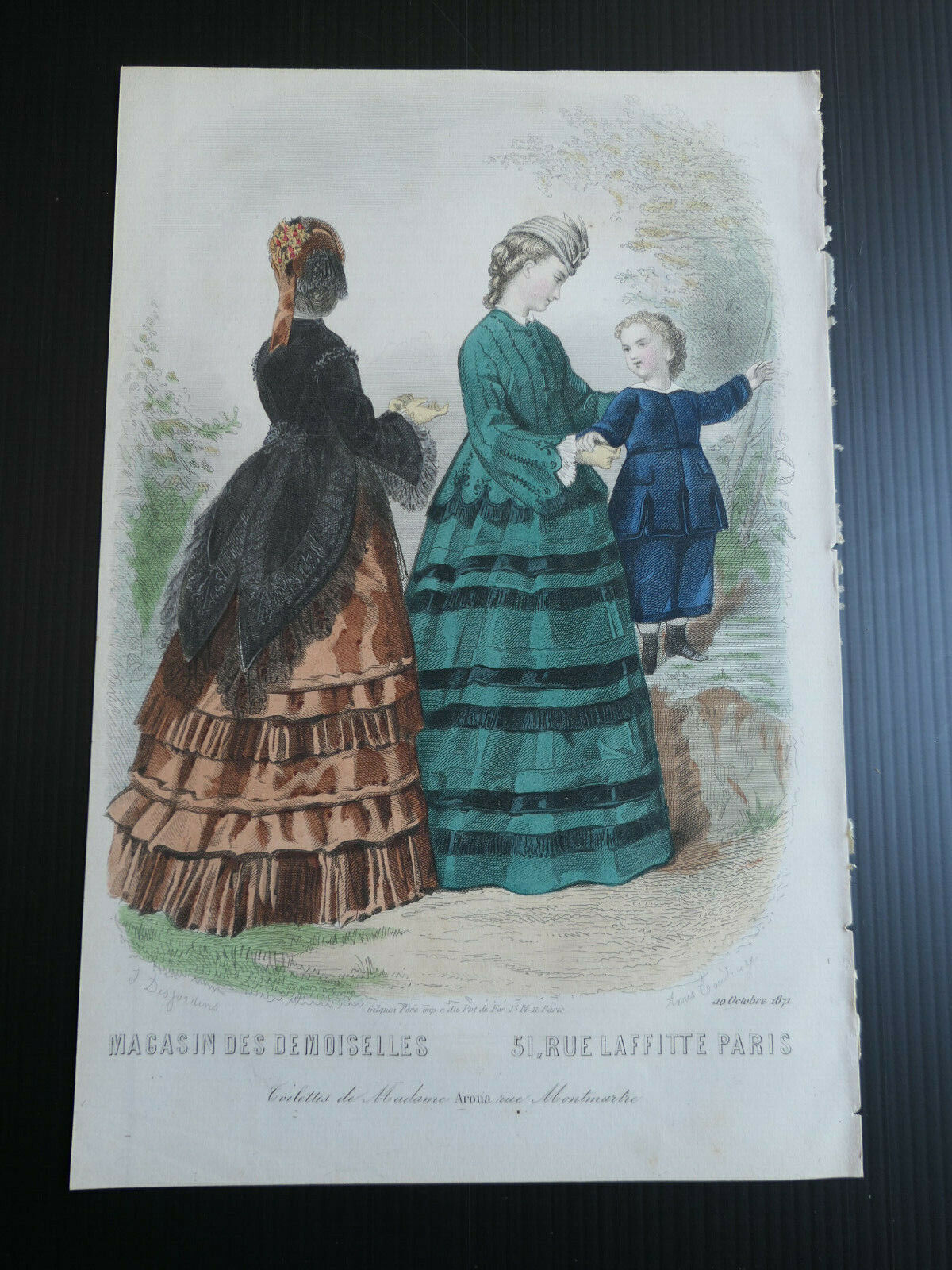 MAGASIN DES DEMOISELLES 1871 FRENCH MODE ENGRAVING HAND COLOURED