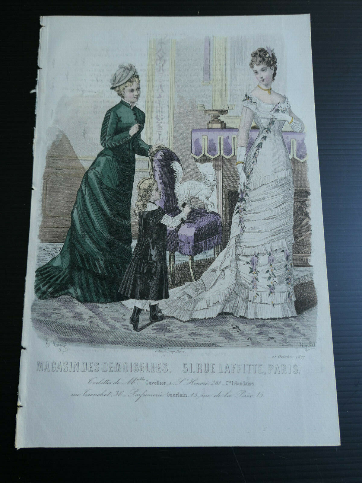 MAGASIN DES DEMOISELLES 1877 FRENCH MODE ENGRAVING HAND COLOURED