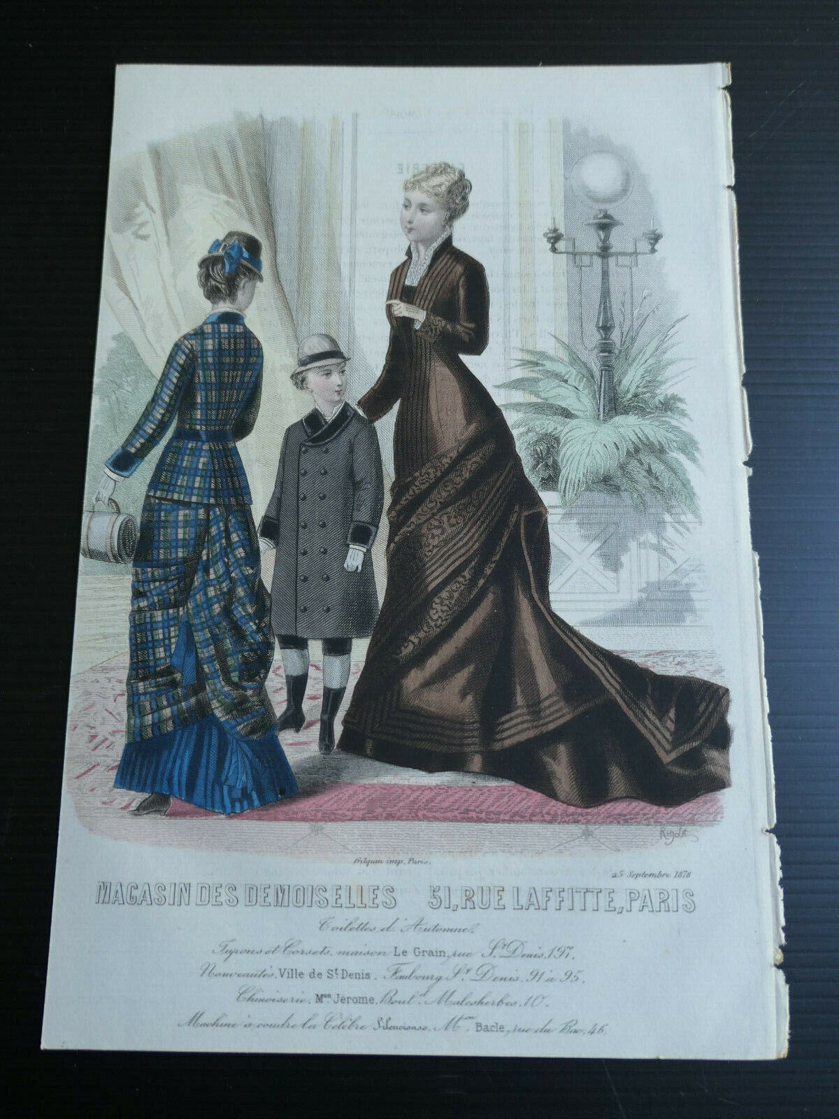 MAGASIN DES DEMOISELLES 1876 FRENCH MODE ENGRAVING HAND COLOURED