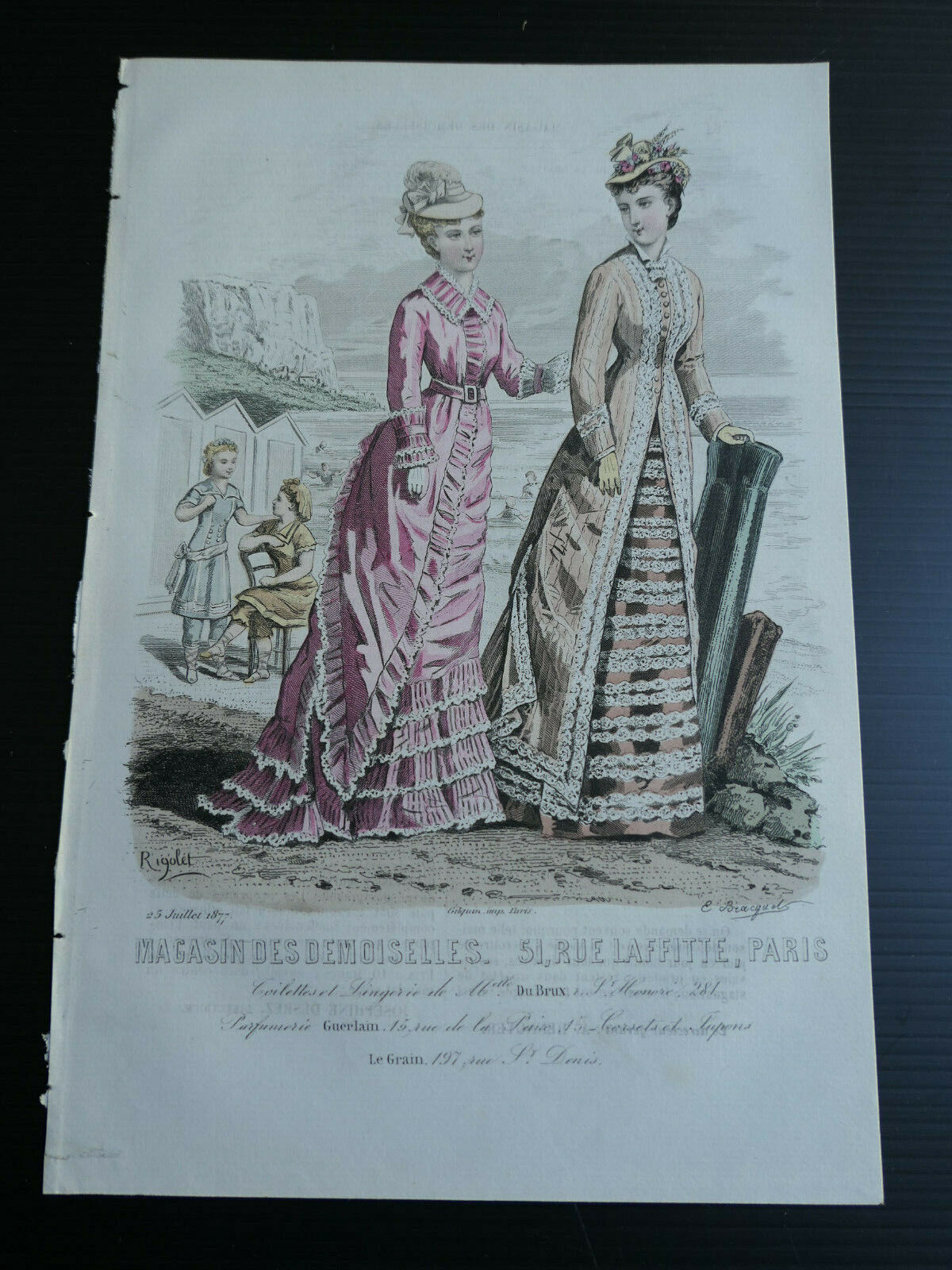 MAGASIN DES DEMOISELLES / 1877 / FRENCH MODE ENGRAVING HAND COLOURED