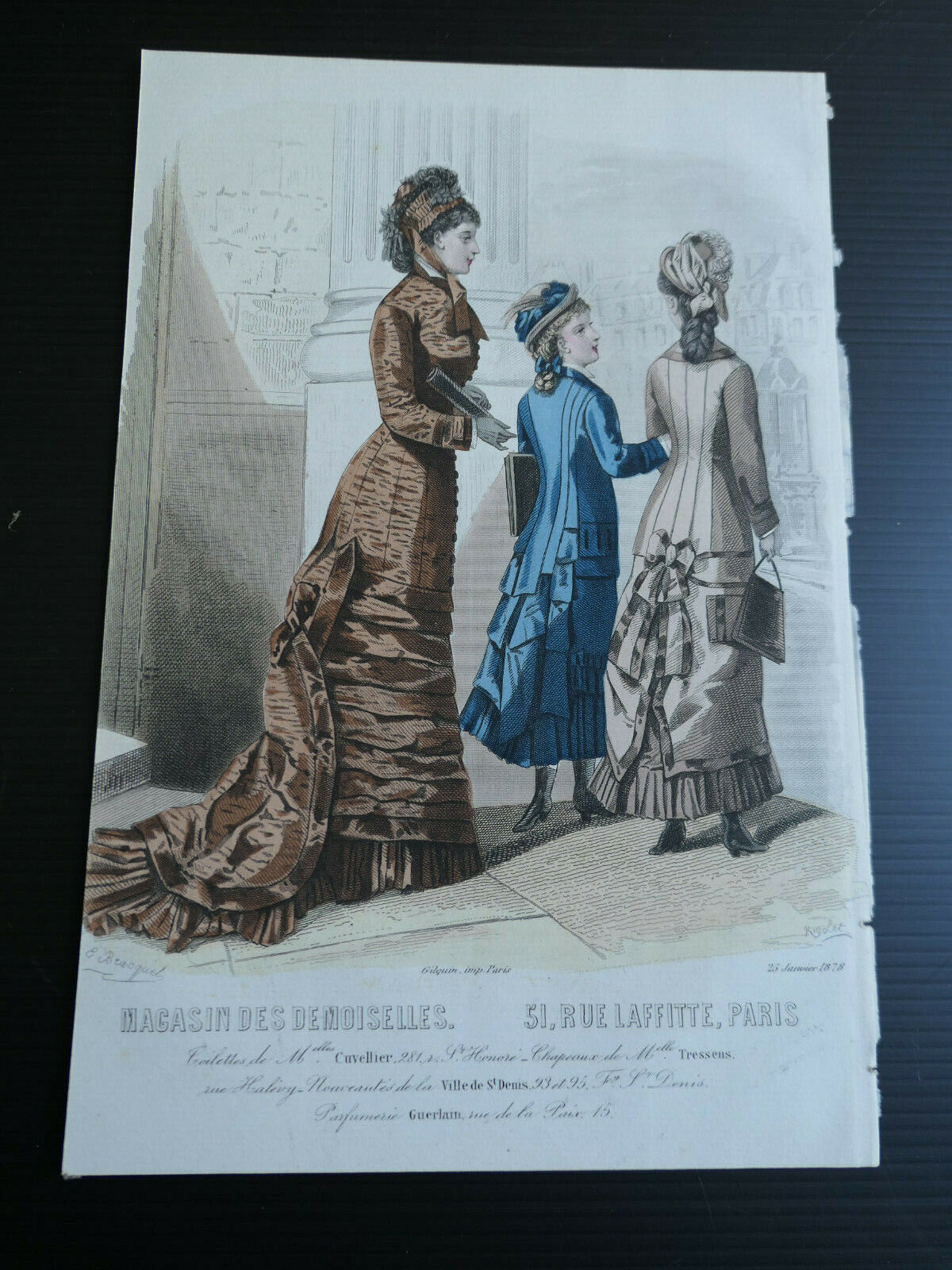 MAGASIN DES DEMOISELLES / 1878 / FRENCH MODE ENGRAVING / HAND COLOURED