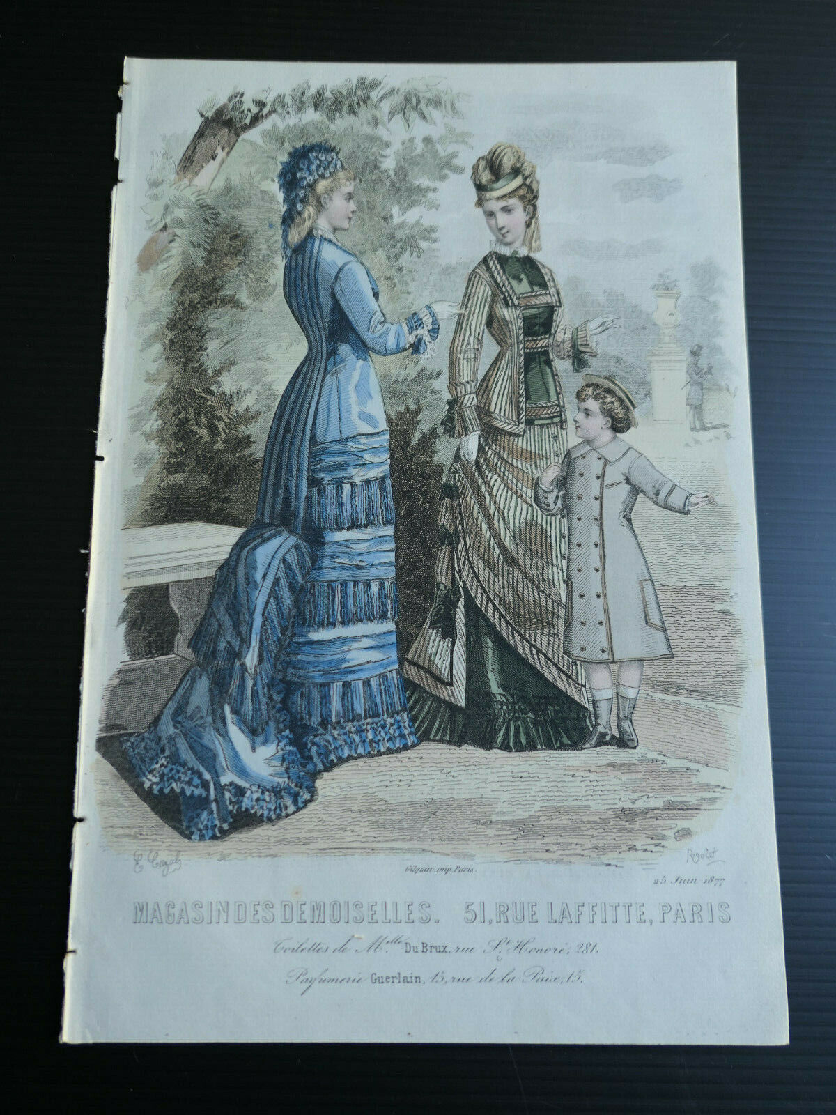 1877 MAGASIN DES DEMOISELLES FRENCH MODE ENGRAVING HAND COLOURED