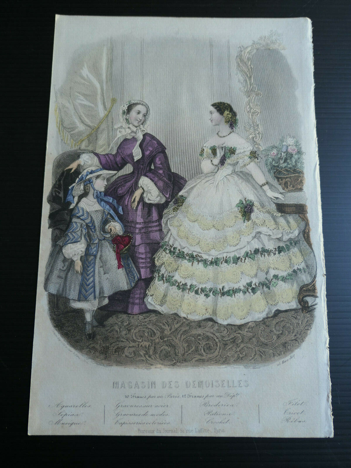 MAGASIN DES DEMOISELLES 1857 FRENCH MODE ENGRAVING HAND COLOURED