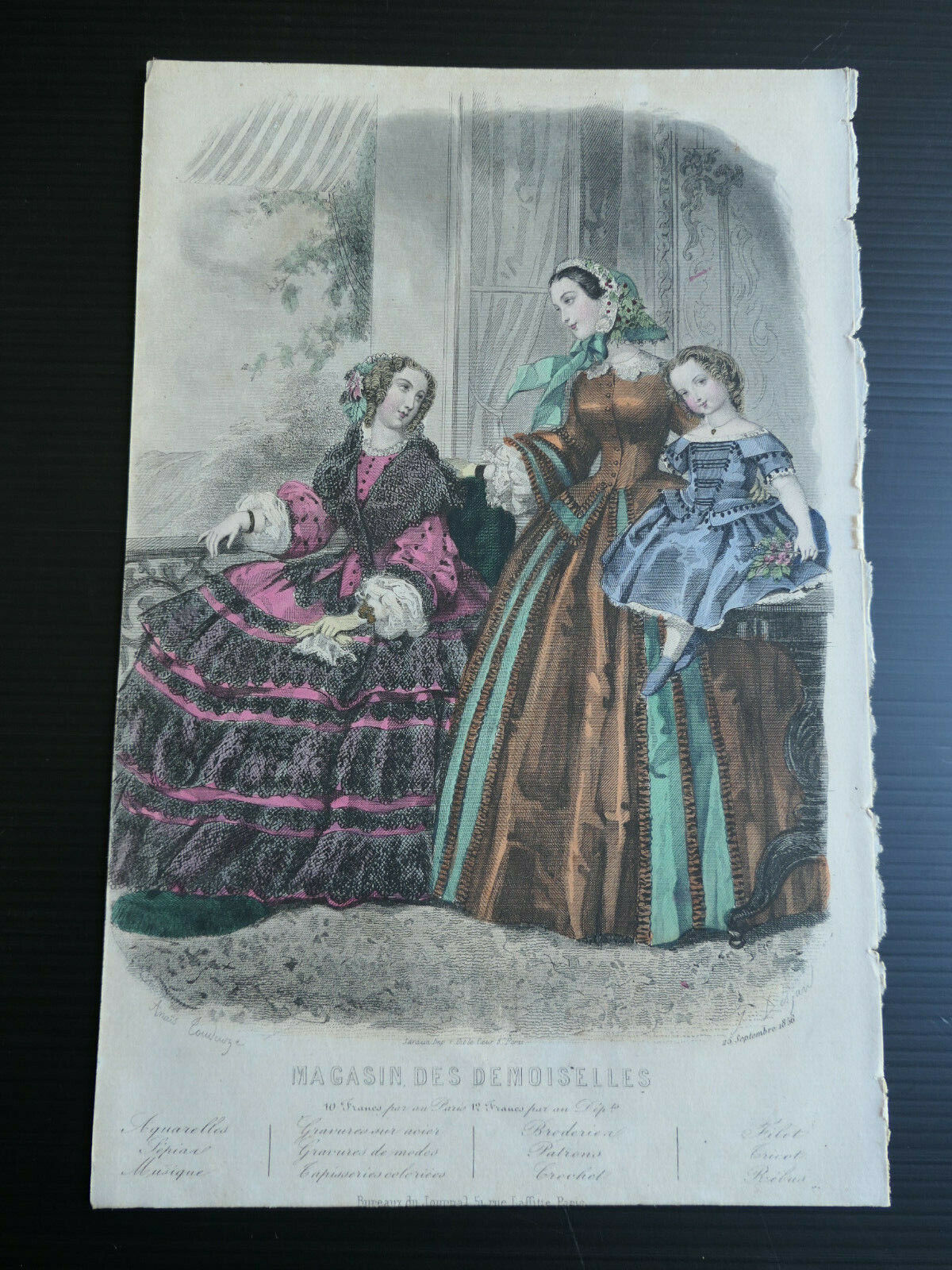 1856 MAGASIN DES DEMOISELLES FRENCH MODE ENGRAVING HAND COLOURED