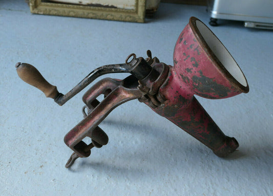 ANCIEN GRAND HACHOIR MECANIQUE METAL EMAIL DECO CUISINE PATINE BOUCHERIE VINTAGE