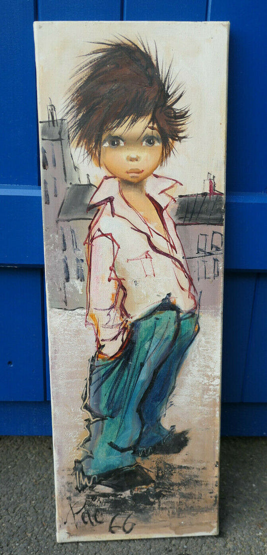 ANCIEN TABLEAU PEINTURE HST VINTAGE SIGNEE PAC (1966) ENFANT GAMIN DES RUES DECO