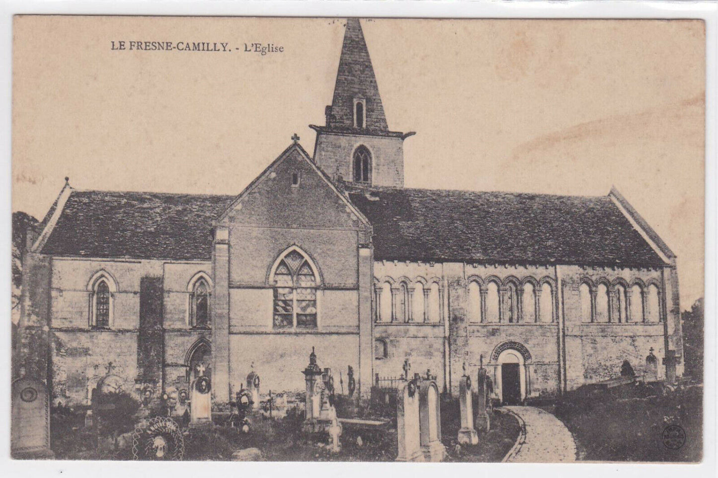 OLD POSTCARD CPA LE FRESNE-CAMILLY L'EGLISE STAMP LENT MARCH 6