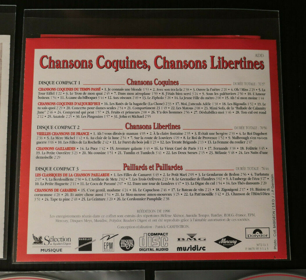 3CD CHANSONS COQUINES CHANSONS LIBERTINES / COMPILATION READER'S DIGEST 1998