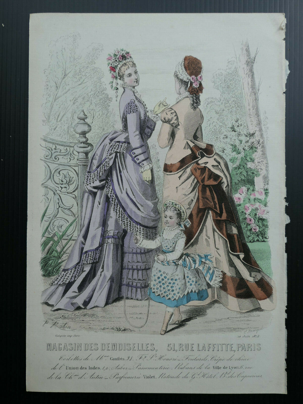 MAGASIN DES DEMOISELLES FRENCH MODE ENGRAVING / HAND COLOURED / 1874