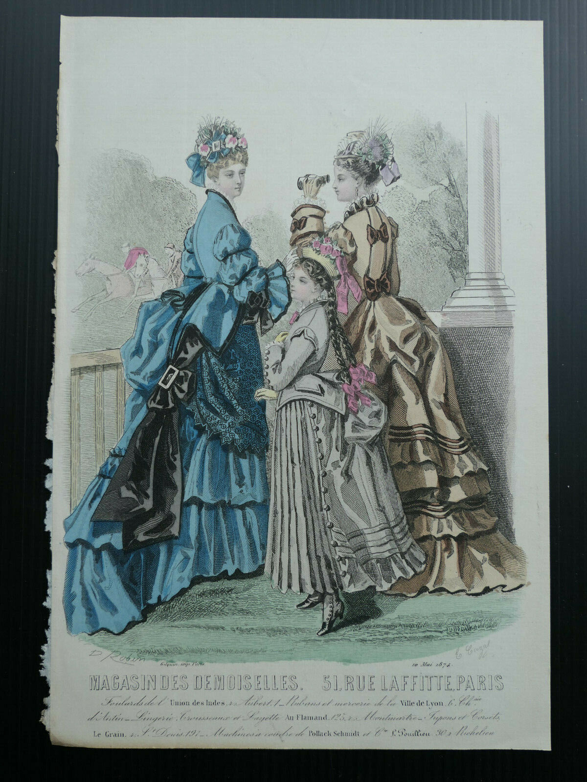 MAGASIN DES DEMOISELLES / 1874 FRENCH MODE ENGRAVING / HAND COLOURED