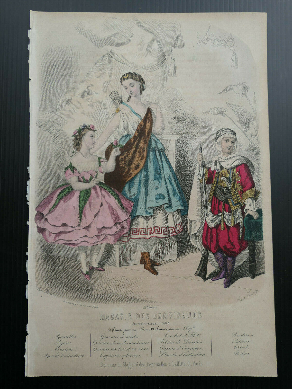 MAGASIN DES DEMOISELLES / FRENCH MODE ENGRAVING HAND COLOURED