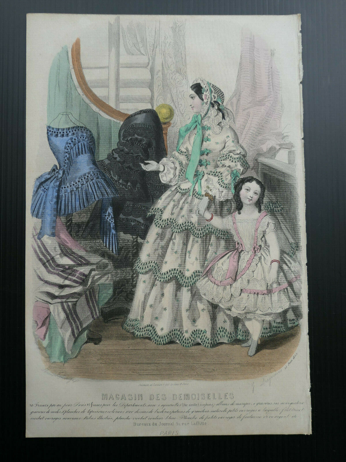 MAGASIN DES DEMOISELLES 1855 FRENCH MODE ENGRAVING HAND COLOURED