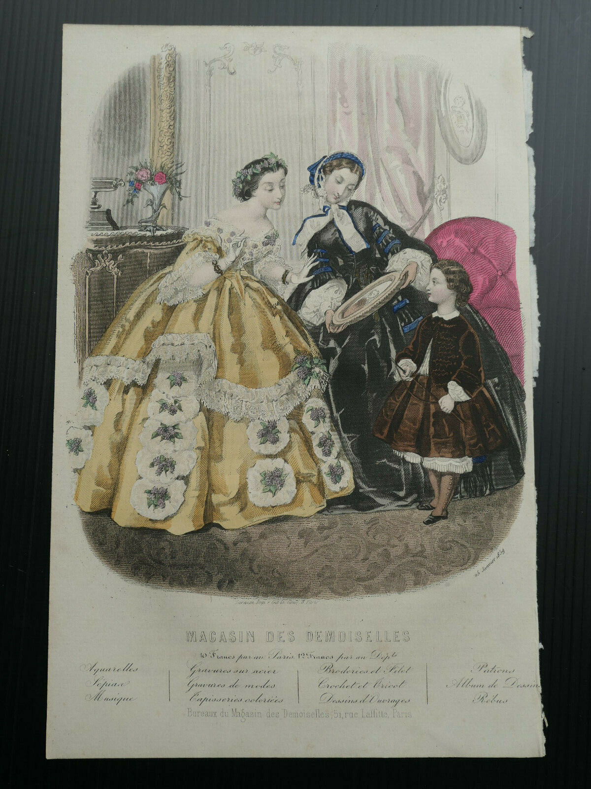 MAGASIN DES DEMOISELLES MODE 1859 ENGRAVING HAND COLOURED