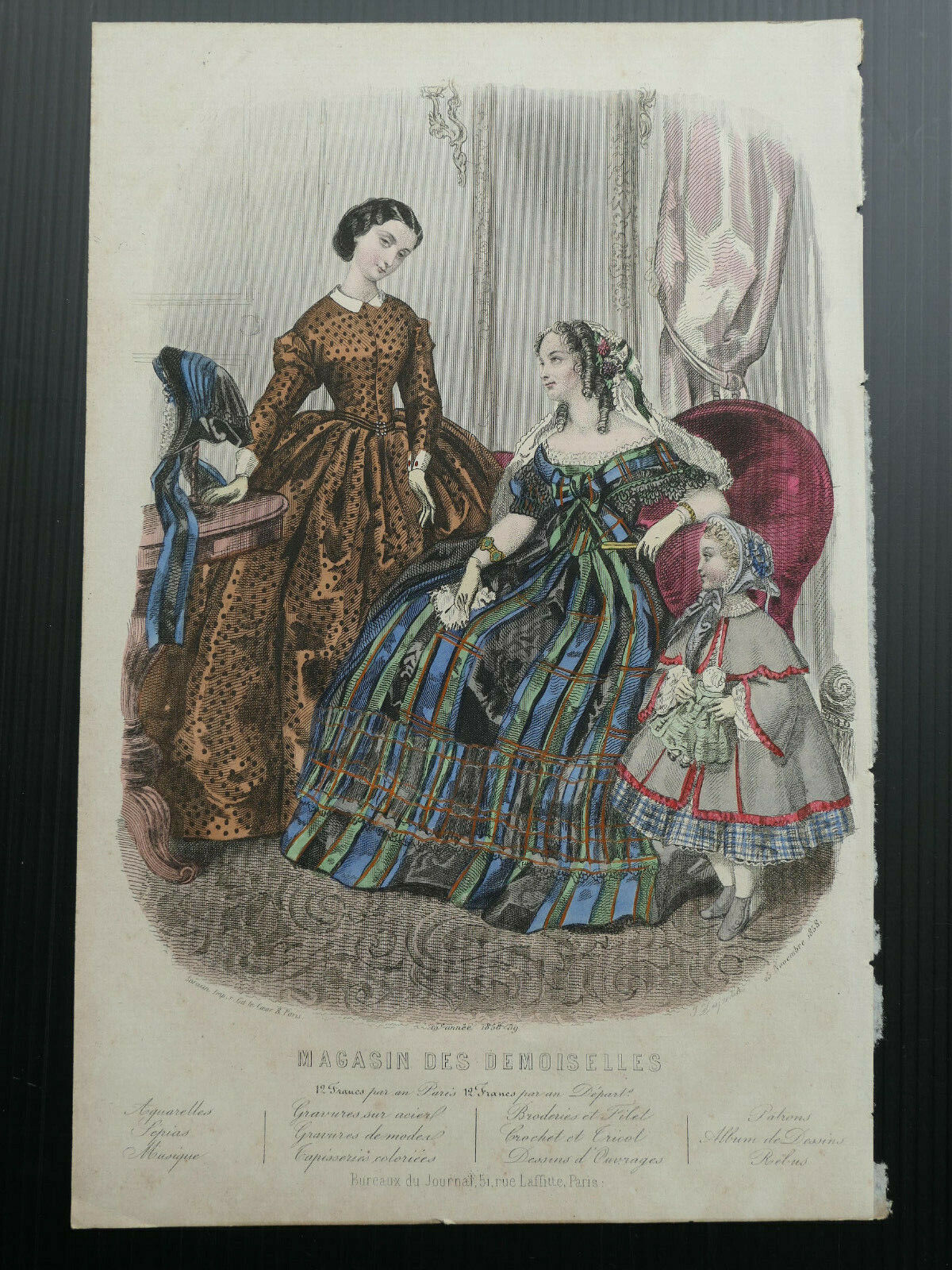MAGASIN DES DEMOISELLES FRENCH MODE ENGRAVING HAND COLOURED 1858