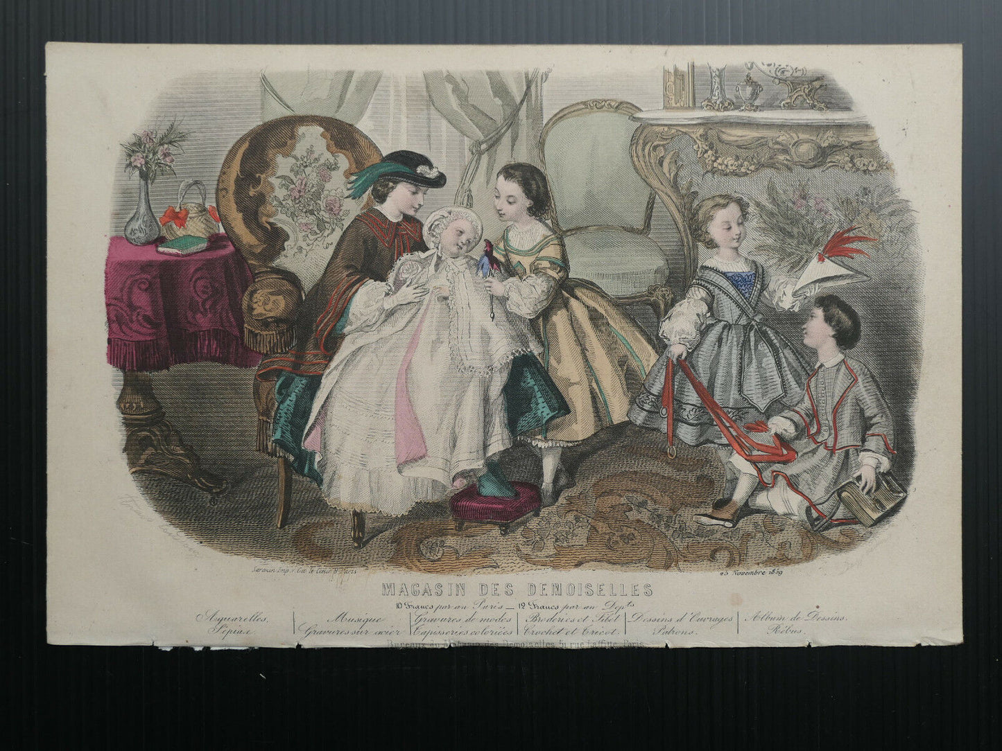 MAGASIN DES DEMOISELLES 1859 FRENCH MODE ENGRAVING HAND COLOURED