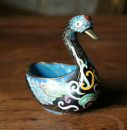 SUJET VINTAGE CYGNE EN LAITON ET EMAIL CLOISONNE EMAUX DECO