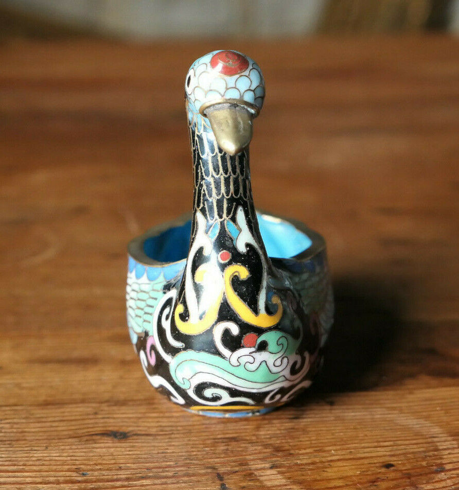 SUJET VINTAGE CYGNE EN LAITON ET EMAIL CLOISONNE EMAUX DECO