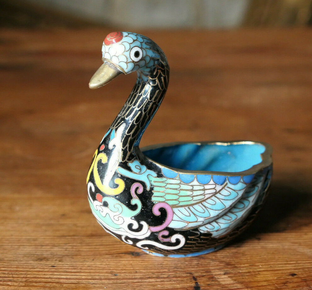 SUJET VINTAGE CYGNE EN LAITON ET EMAIL CLOISONNE EMAUX DECO