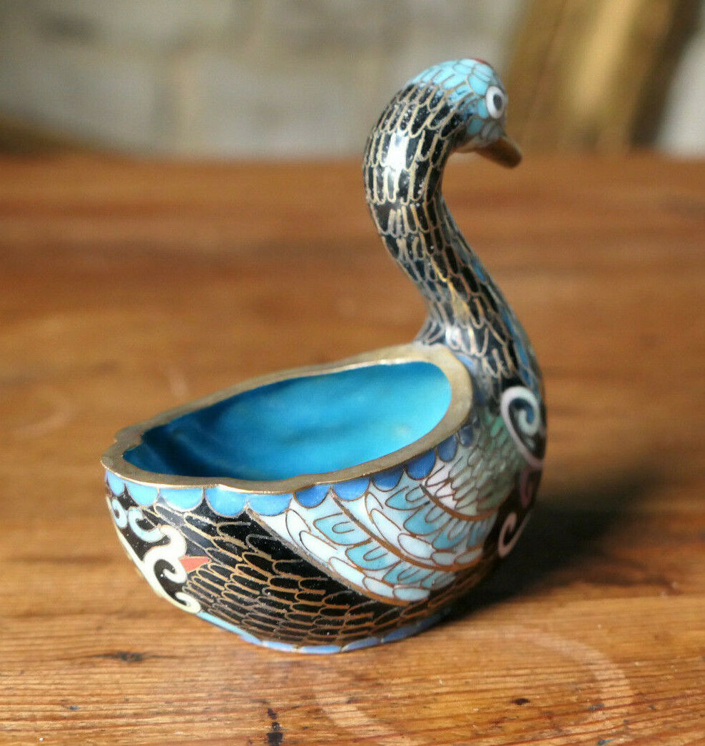 SUJET VINTAGE CYGNE EN LAITON ET EMAIL CLOISONNE EMAUX DECO
