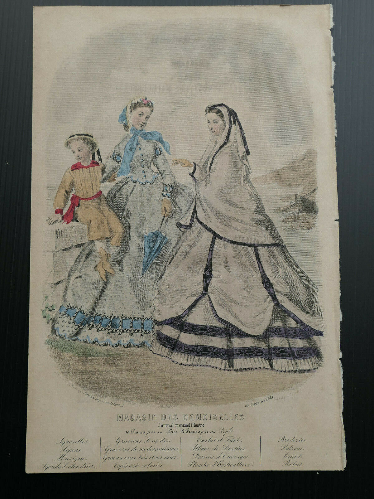 MAGASIN DES DEMOISELLES 1864 FRENCH MODE ENGRAVING HAND COLOURED