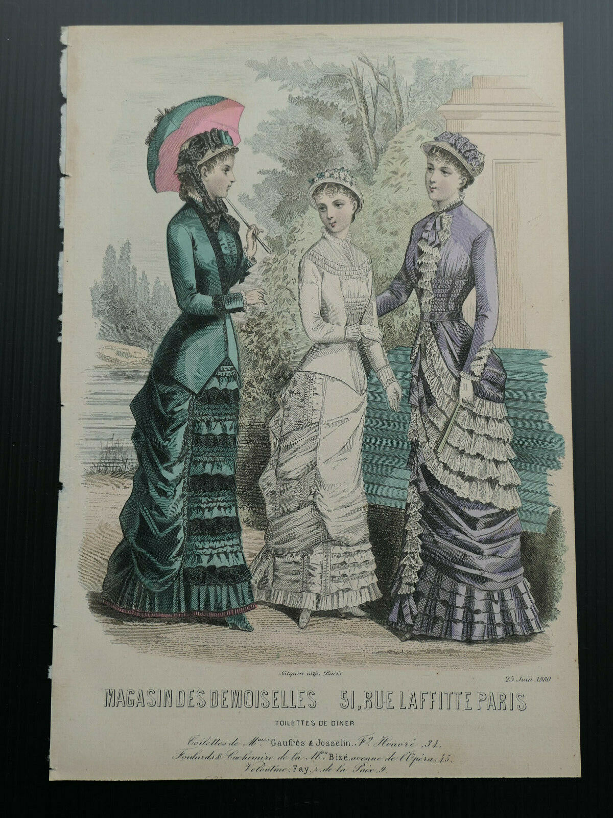 1880 MAGASIN DES DEMOISELLES FRANCE MODE ENGRAVING HAND COLOURED