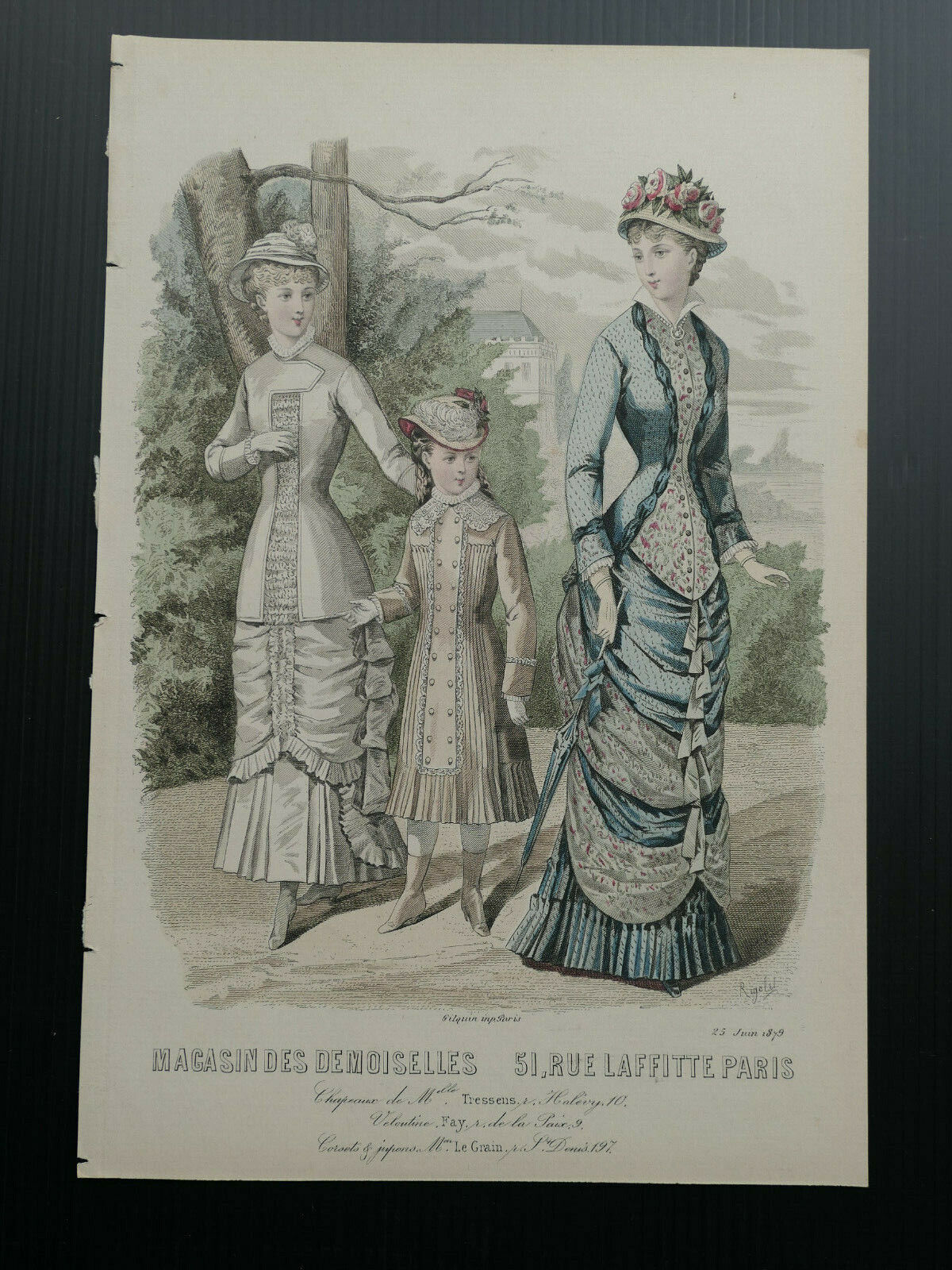 MAGASIN DES DEMOISELLES FRANCE 1879 MODE ENGRAVING HAND COLOURED