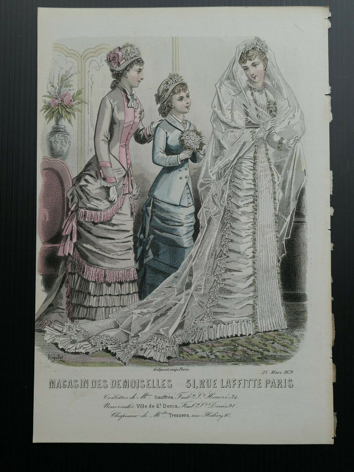 MAGASIN DES DEMOISELLES 1879 MODE ENGRAVING FRANCE HAND COLOURED