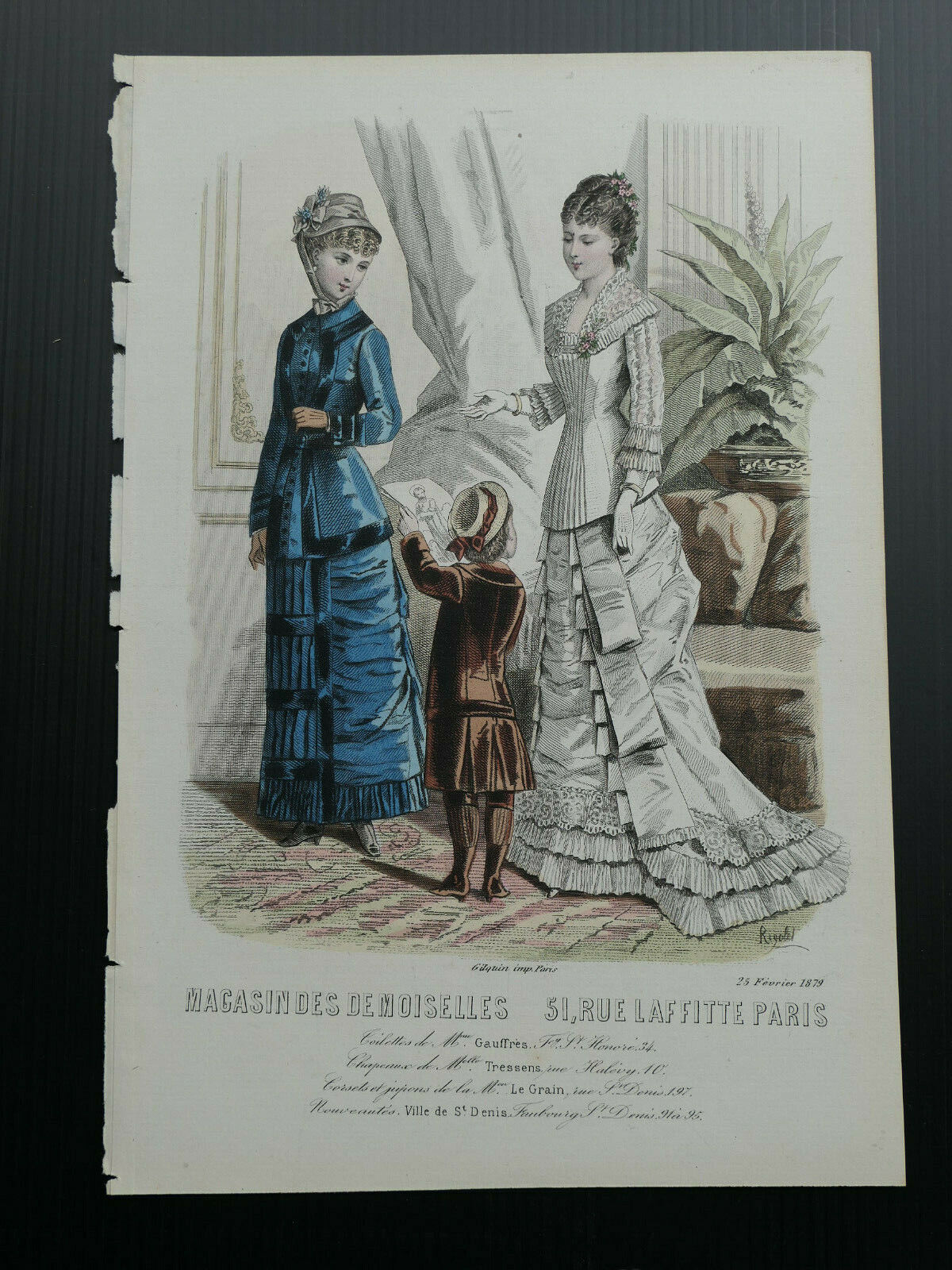 MAGASIN DES DEMOISELLES 1879 / FRENCH MODE ENGRAVING / HAND COLOURED