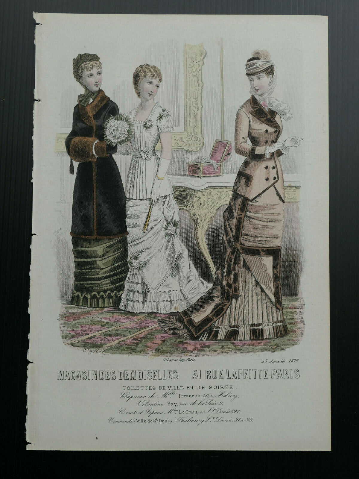 MAGASIN DES DEMOISELLES FRENCH MODE 1879 ENGRAVING HAND COLOURED