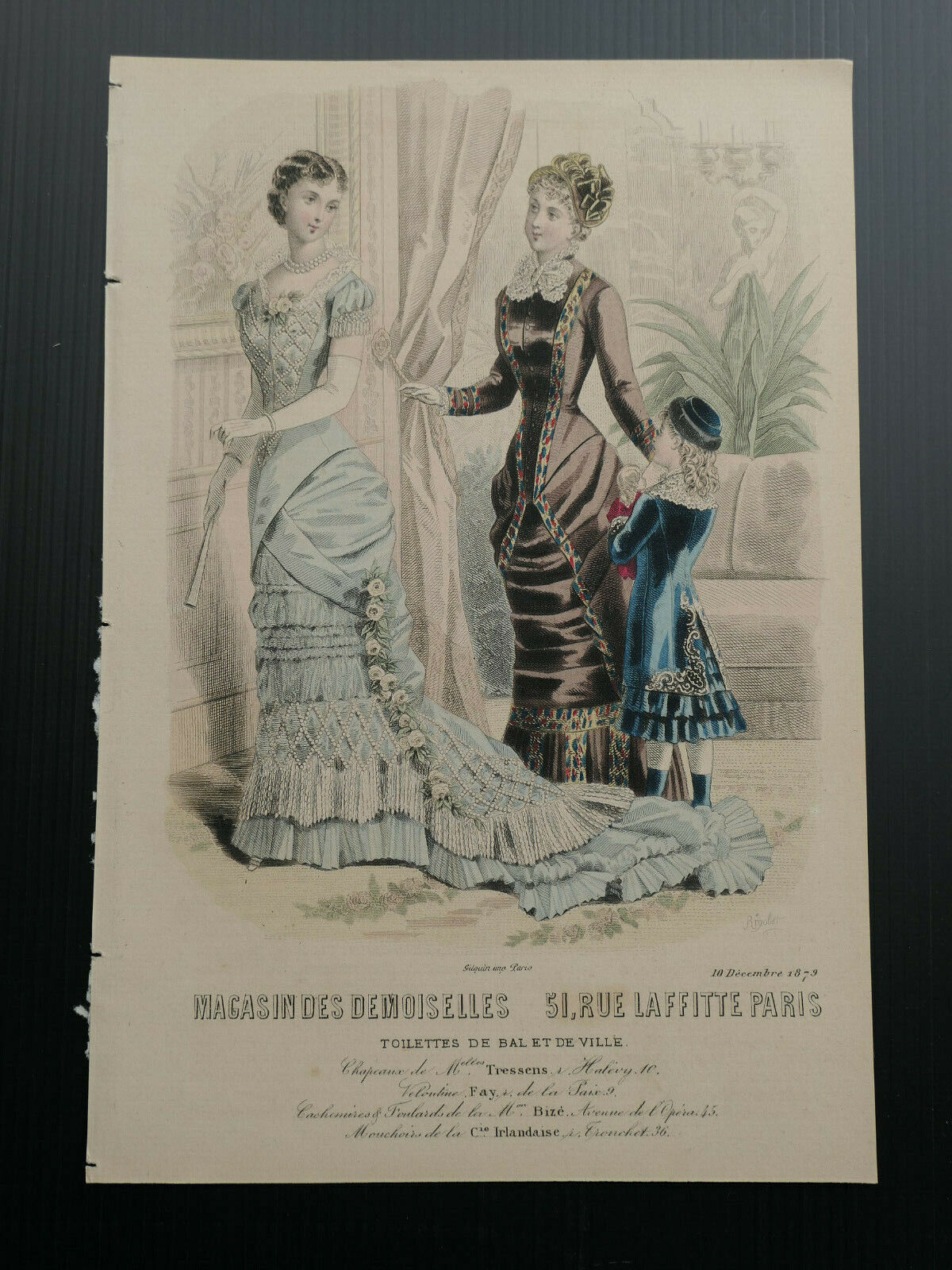 MAGASIN DES DEMOISELLES 1879 FRANCE / MODE ENGRAVING HAND COLOURED
