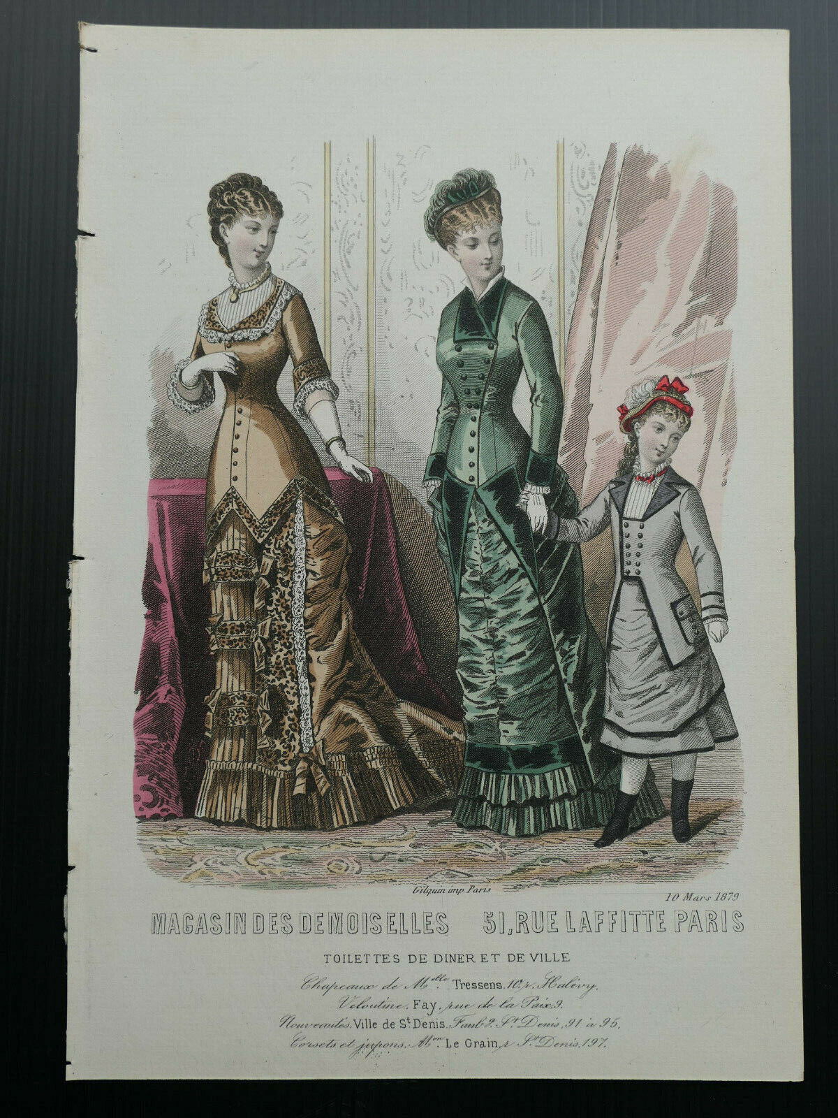 1879 MAGASIN DES DEMOISELLES MODE ENGRAVING HAND COLOURED