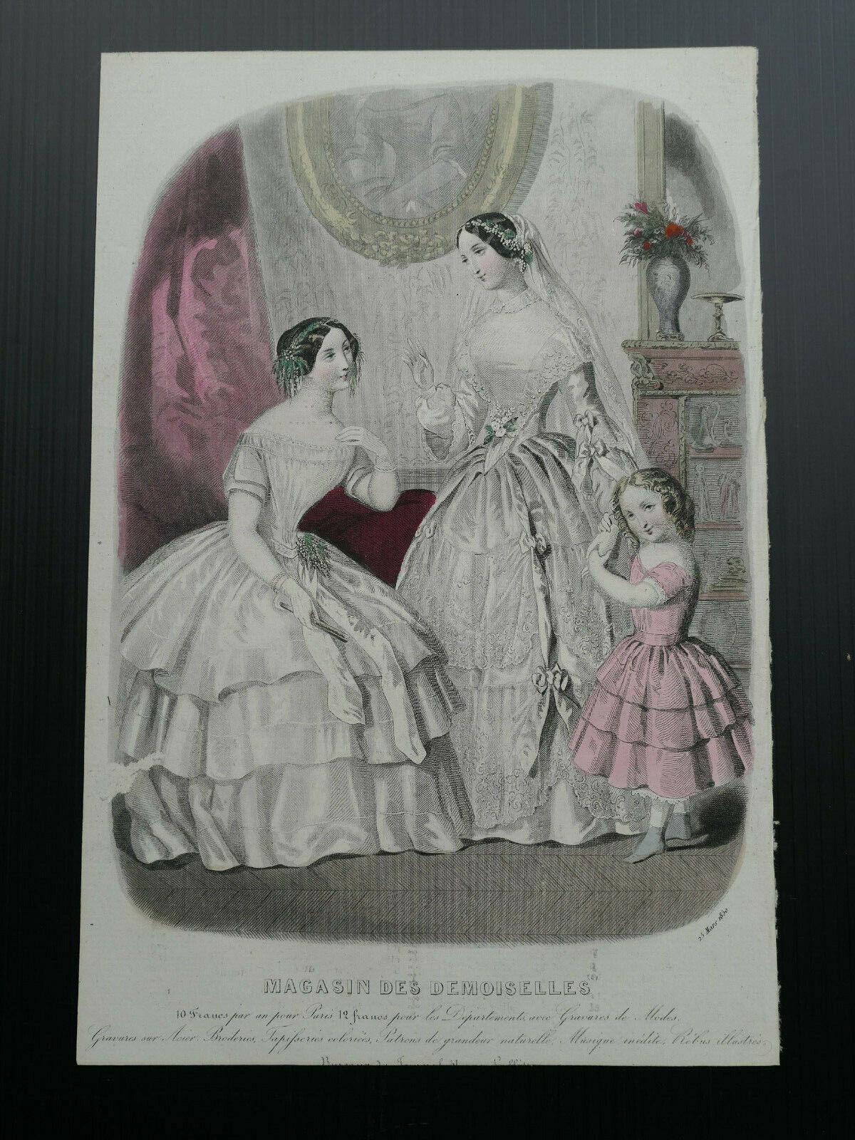 1850 MAGASIN DES DEMOISELLES FRENCH MODE ENGRAVING HAND COLOURED