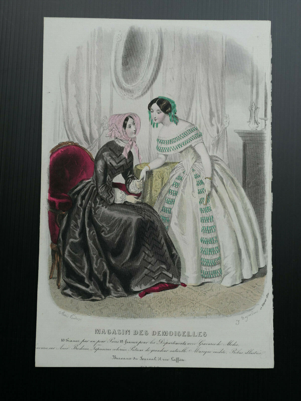MAGASIN DES DEMOISELLES 1850 FRENCH MODE ENGRAVING HAND COLOURED