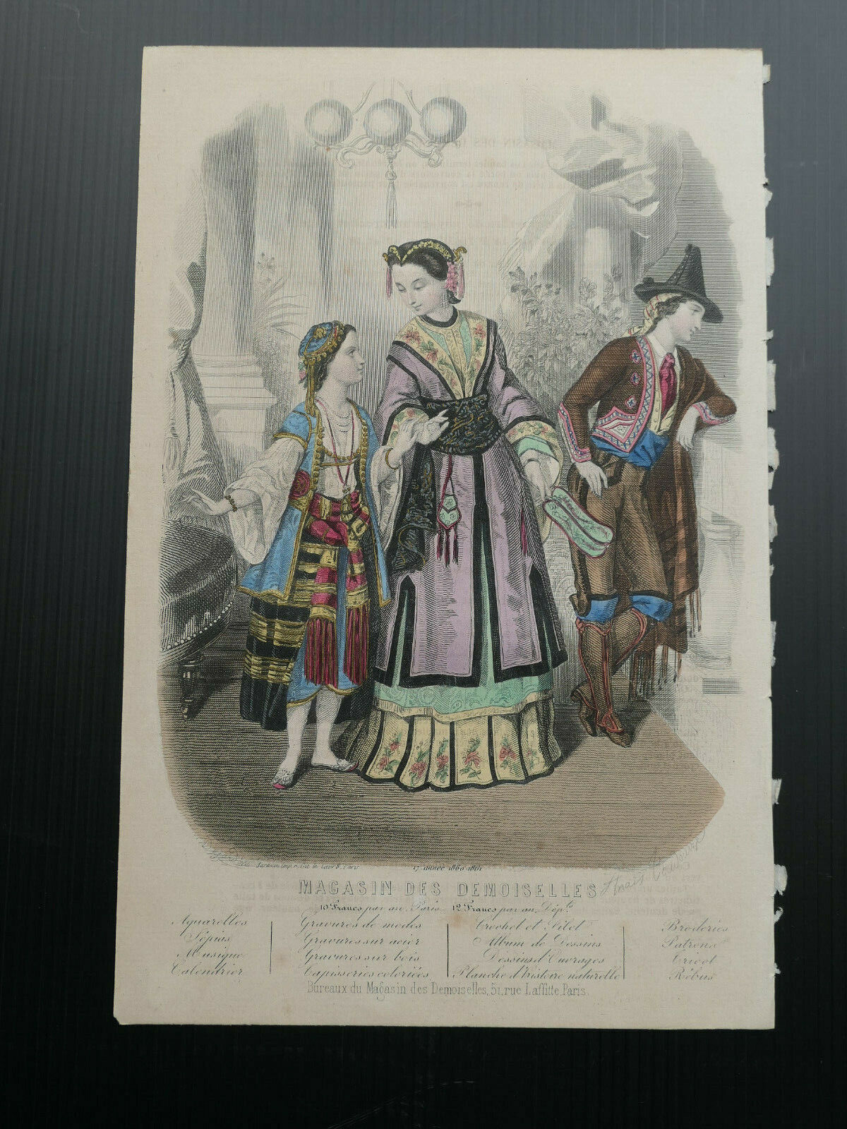 MAGASIN DES DEMOISELLES 1860-1861 / FRENCH MODE ENGRAVING HAND COLOURED
